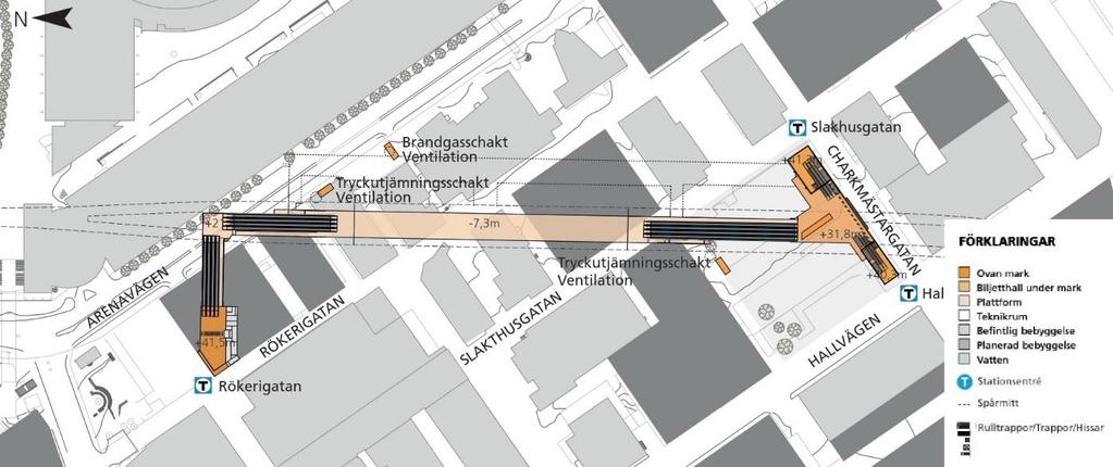 5.6 Station Gullmarsplan Figur 7. Översikt över föreslagen placering av stationen Gullmarsplan. Ventilationstorn markeras med lila cirkel.