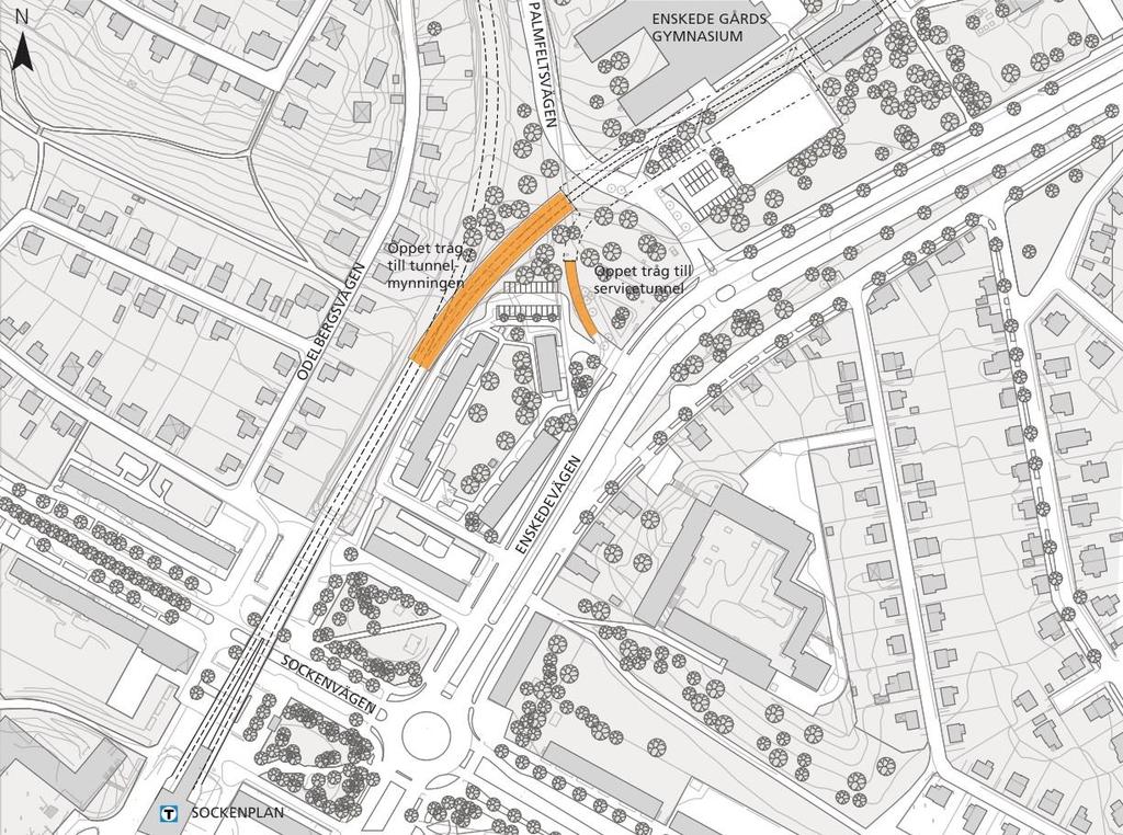 5.8 Anslutning Sockenplan Figur 9. Översikt över föreslagen placering av spårtunnelmynningen vid Sockenplan, som markeras med gråfärgad cirkel.