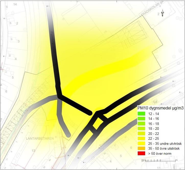 Anslutning Sockenplan Figur 17. Översikt över föreslagen placering av spårtunnelmynningen av Sockenplan och partikelhalten som dygnsmedelvärde. Spårtunnelns mynning markeras med grå cirkel.