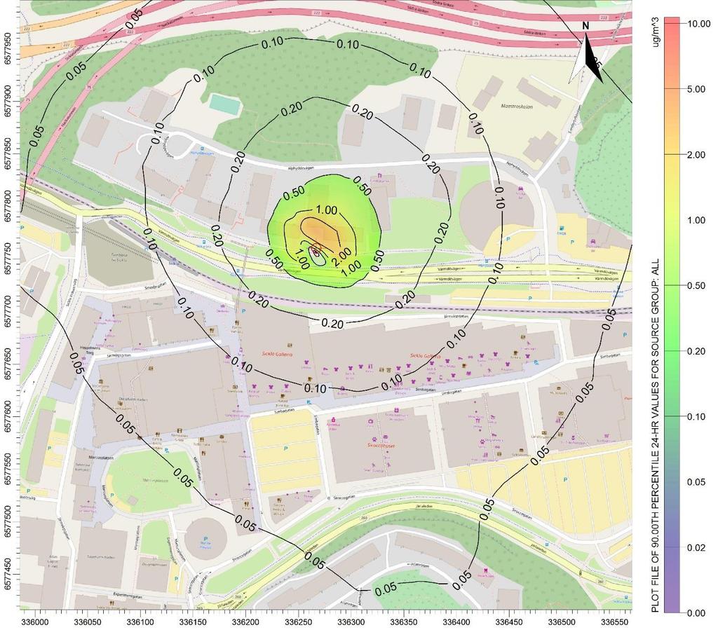 Station Sickla Figur 20. Beräknade halter av partiklar (PM10) som dygnsmedelvärde från ventilationstorn för allmänventilation vid Station Sickla.