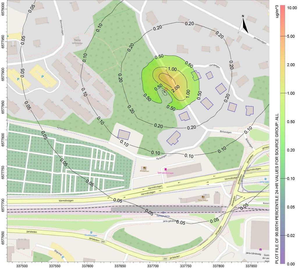 Station Järla Figur 21. Beräknade halter av partiklar (PM10) som dygnsmedelvärde från ventilationstorn för allmänventilation vid Station Järla.