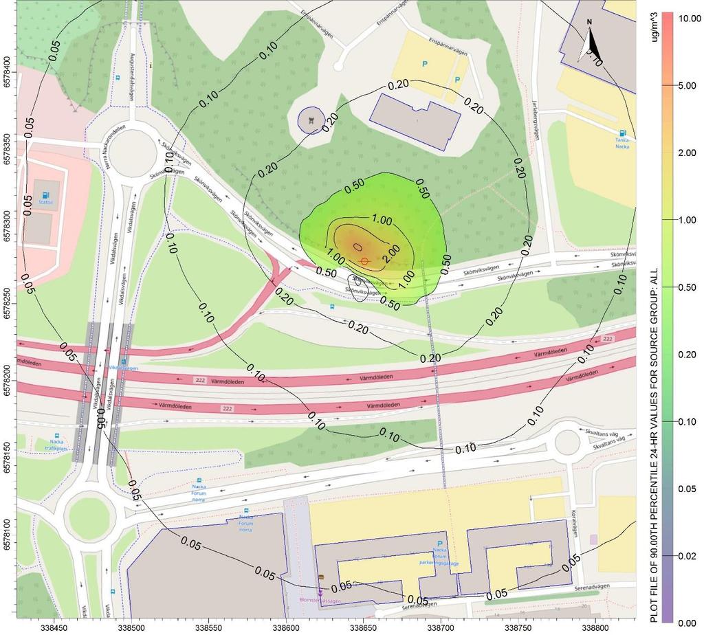 Station Nacka Centrum Figur 22. Beräknade halter av partiklar (PM10) som dygnsmedelvärde från ventilationstorn för allmänventilation vid Station Nacka.