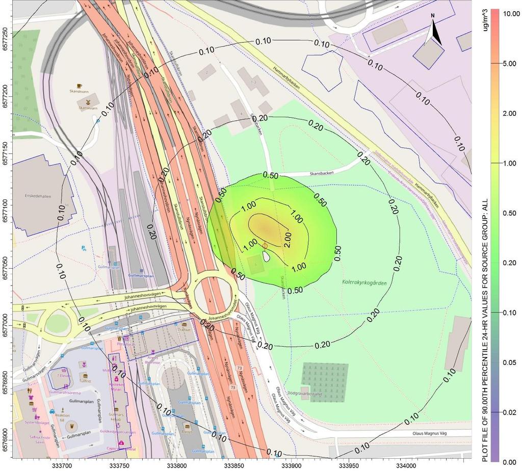 Station Gullmarsplan Figur 23. Beräknade halter av partiklar (PM10) som dygnsmedelvärde från ventilationstorn för allmänventilation vid Station Gullmarsplan.