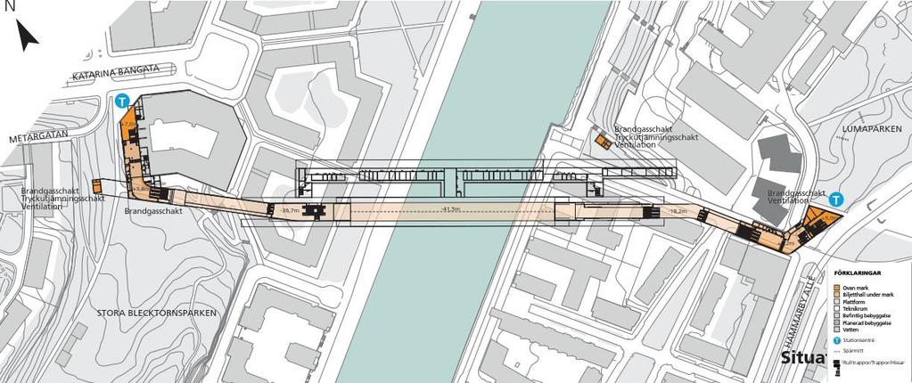 5.2 Station Hammarby Kanal Figur 2. Översikt över föreslagen placering av stationen Hammarby Kanal. Ventilationstorn markeras med lila cirkel och tryckutjämningsschakt med blå rektangel.