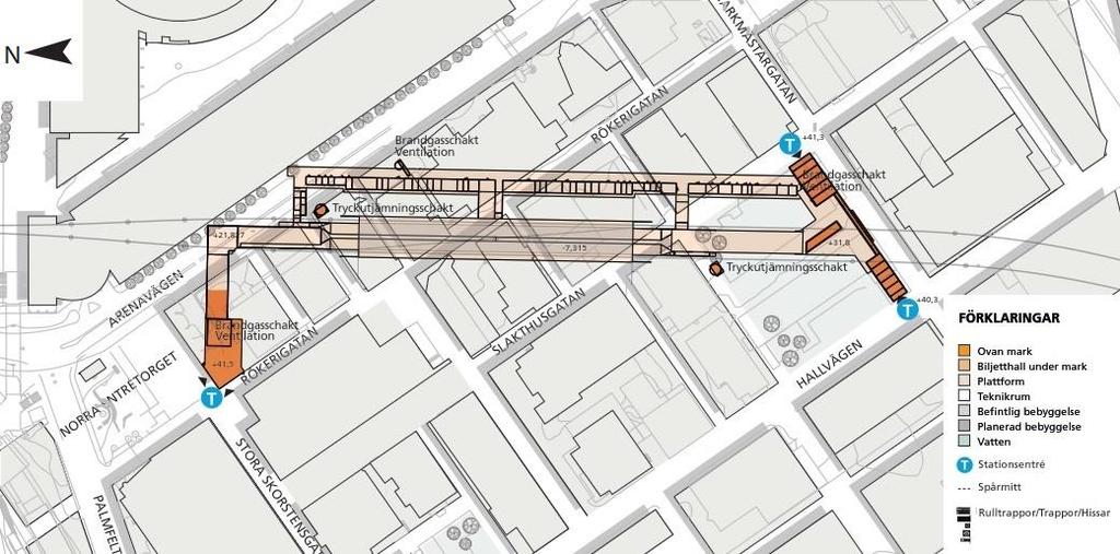 5.7 Ny station i Slakthusområdet Figur 7. Översikt över föreslagen placering av stationen Slakthuset. Ventilationstorn markeras med lila cirkel och tryckutjämningsschakt med blå rektangel.