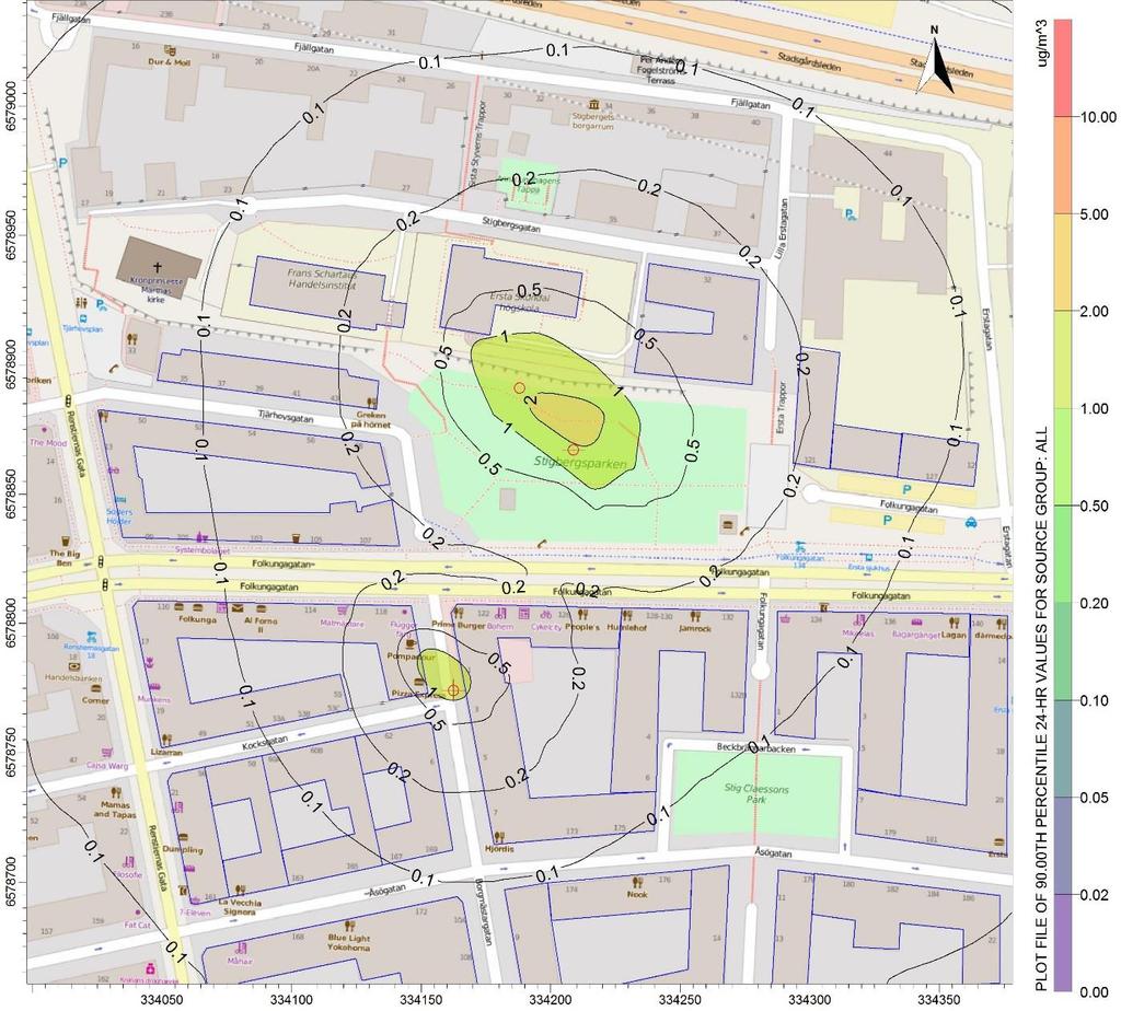 Halterna i närområdet av ventilationstornet och tryckutjämningsschaktet är måttliga cirka 25-35 µg/m 3, se Figur 10.