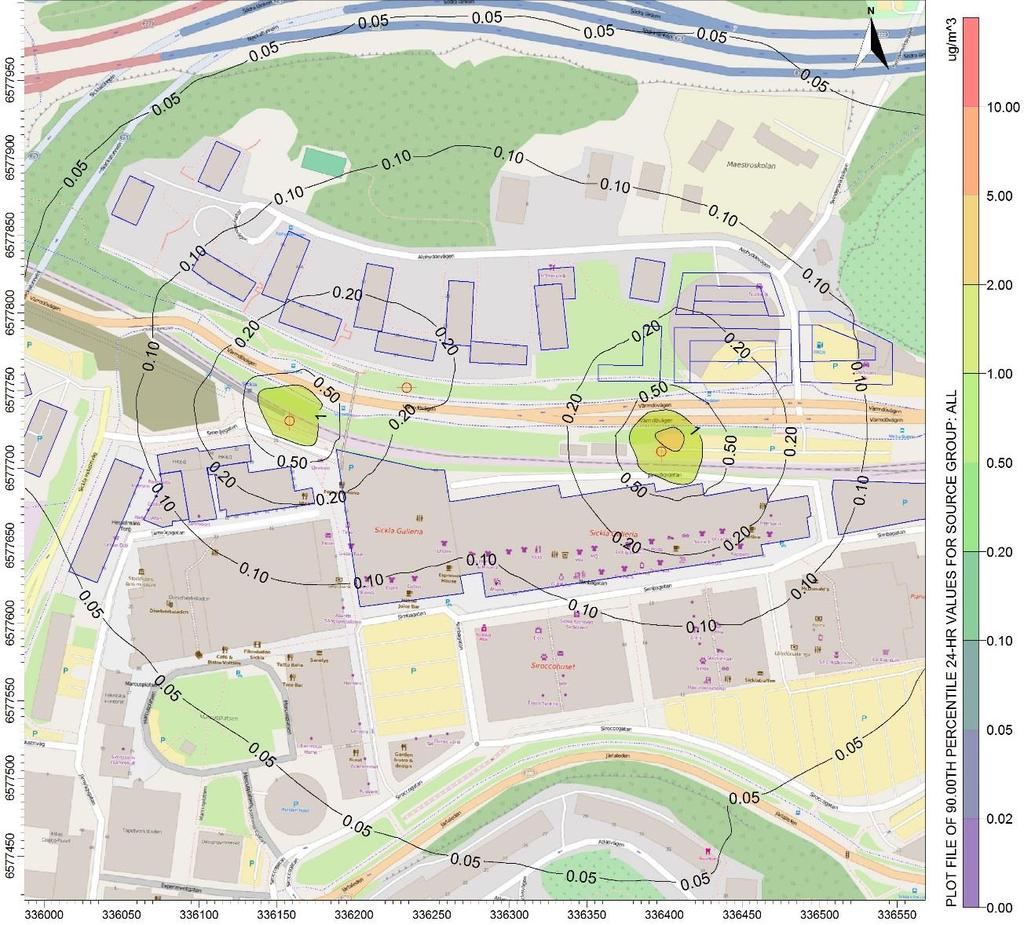 Station Sickla Figur 23. Beräknade halter av partiklar (PM10) som dygnsmedelvärde från ventilationstorn för allmänventilation och tryckutjämningsschakt vid Station Sickla.