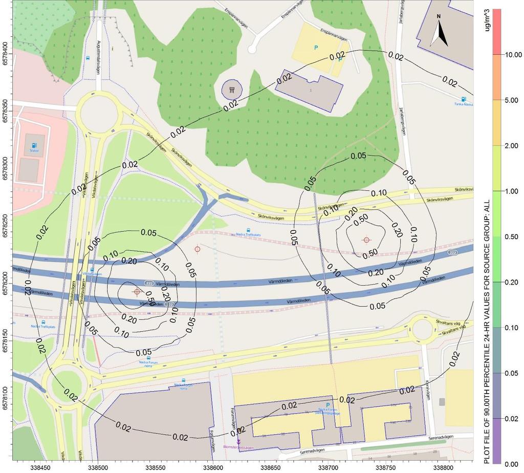 Station Nacka Centrum Figur 25. Beräknade halter av partiklar (PM10) som dygnsmedelvärde från ventilationstorn för allmänventilation och tryckutjämningsschakt vid Station Nacka.