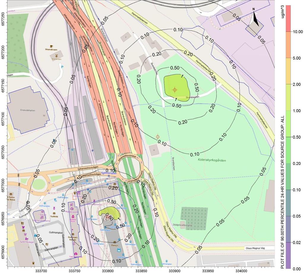 Station Gullmarsplan Figur 26. Beräknade halter av partiklar (PM10) som dygnsmedelvärde från ventilationstorn för allmänventilation och tryckutjämningsschakt vid Station Gullmarsplan.