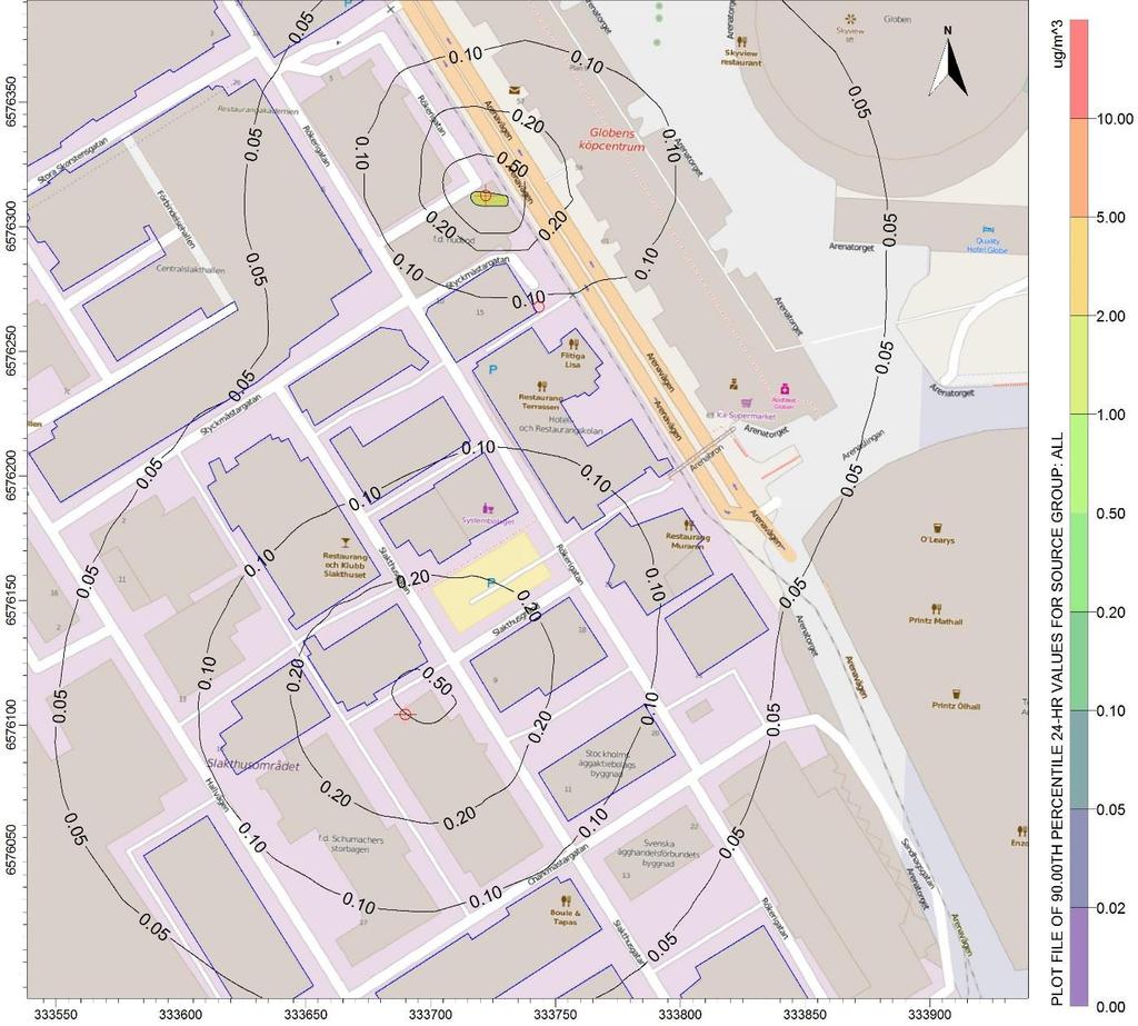 Ny station i Slakthusområdet Figur 27. Beräknade halter av partiklar (PM10) som dygnsmedelvärde från ventilationstorn för allmänventilation och tryckutjämningsschakt vid Station Söderort.