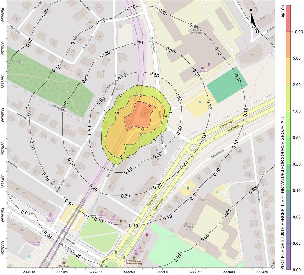 Anslutning Sockenplan Figur 28. Beräknade halter av partiklar (PM10) som dygnsmedelvärde från tunnelmynningen vid Sockenplan.