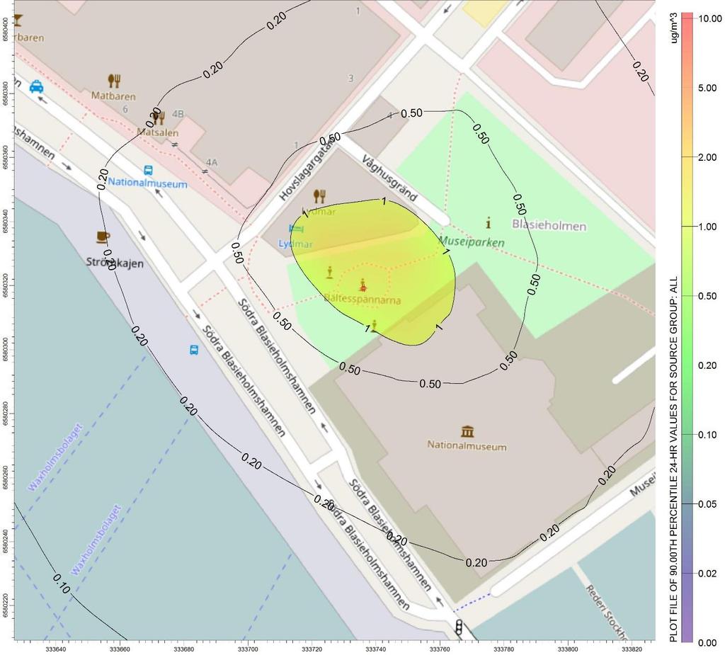 Kungsträdgården Figur 29. Beräknade halter av partiklar (PM10) som dygnsmedelvärde från ventilationstorn för allmänventilation vid Kungsträdgården.