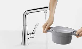 hansgrohe Köksblandare 57 Select-teknologi: Tryck bara på knappen för att sätta på och stänga av vattnet.
