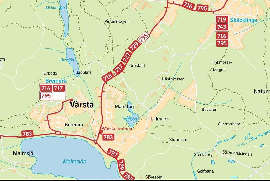 Kollektivtrafik Området nås av busstrafik via Dalvägen med kopplingar in mot Vårsta samt mot Tumba och Skanssundet.