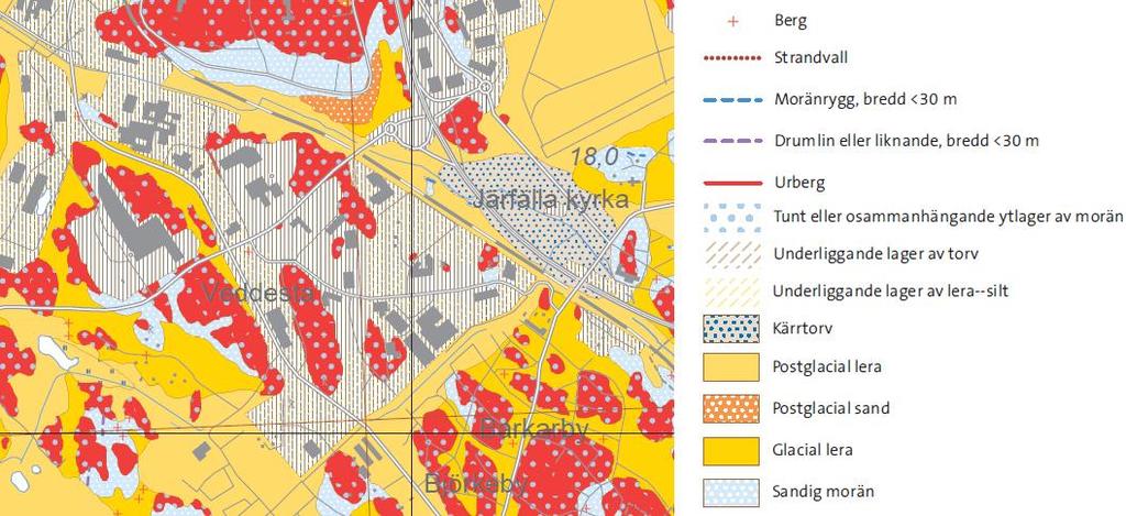 Figur 3-4. Jordartskartan i skala 1:25 000 från SGU. Svartstreckad polygon visar ungefärlig utbredning för planområdet Veddesta etapp 2. Planområdet bedöms i huvudsak bestå av fyllningsmaterial.