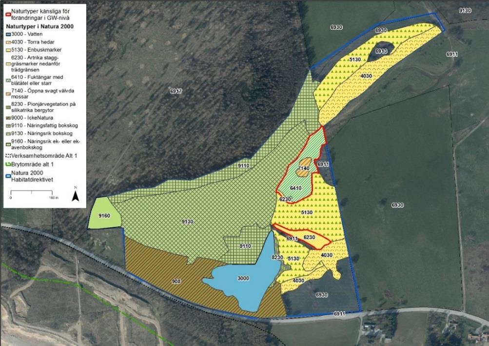 Figur 18. Knivsås Natura 2000-område (SE0430152) med förekommande naturtyper. De naturtyper som bedöms vara känsliga för förändrade grundvattennivåer är inringade med röd linje.