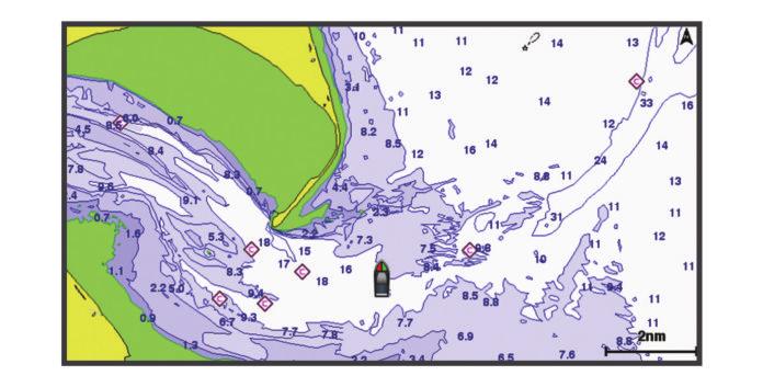 Navigationssjökort och fiskekort Obs! Fiskekortet är tillgängligt i vissa områden om du använder premiumsjökort. Navigationssjökort är optimerat för navigering.