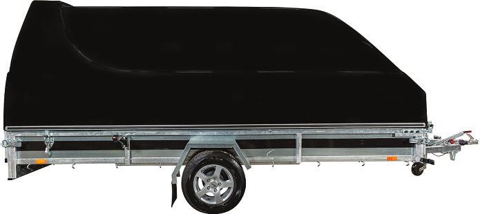 SKOTERTRAILER bromsad BLACK EDITION - Svart stripe - Svart glasfiberkåpa - Invändig belysning i kåpa - Superglides - Vinterhjul med aluminium fälgar - Aluklädda långsidor Gör trailern ännu tuffare!