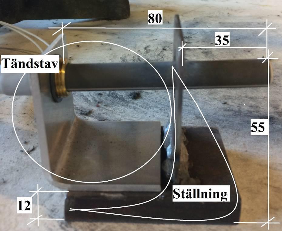 Varje tyg utsattes också för en tändstav, se Figur 63. Denna sattes i en ställning (12 mm i höjd) så att tändstaven skulle sitta bättre under försöken.