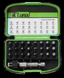 BITSSATS A 25 BITS Luna. 25 delars bitssats med snabbchuckshållare i praktisk förvaringslåda med bältesclips. 1/4"-fäste. BITSSATS B 25 BITS Luna.