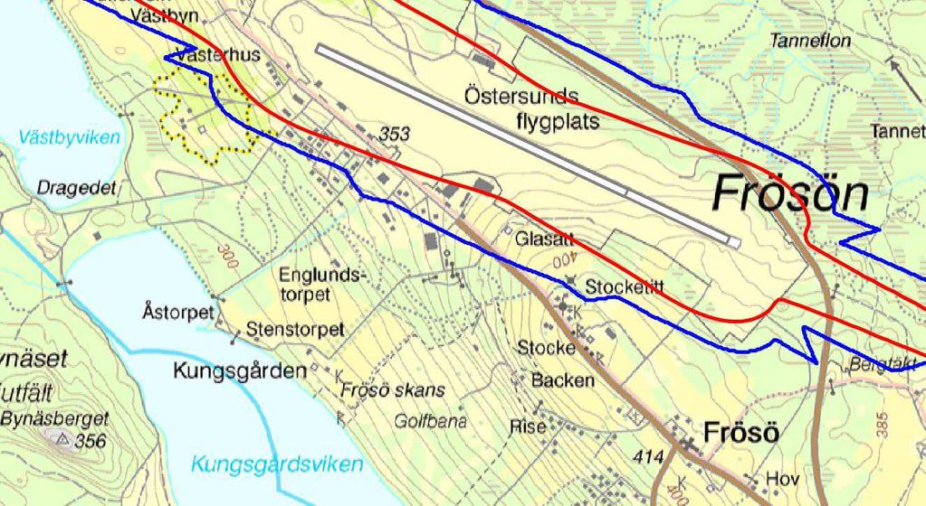 Figur 2. Beräknade flygbullerkurvor 55 dba FBN (röd) och 70 dba max (blå) för prognosår 2040. En större kartbild återfinns i bilaga 1.
