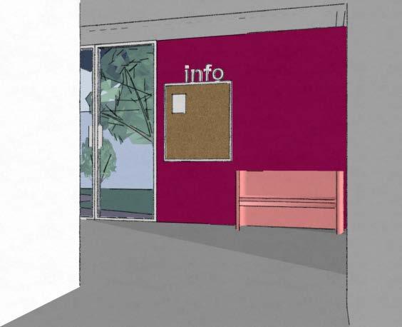 Väggen och golvets färg skiljer sig tydligt åt vilket ökar den visuella tillgängligheten. Figur 25. Vy över lärargången, mot infopunkten.