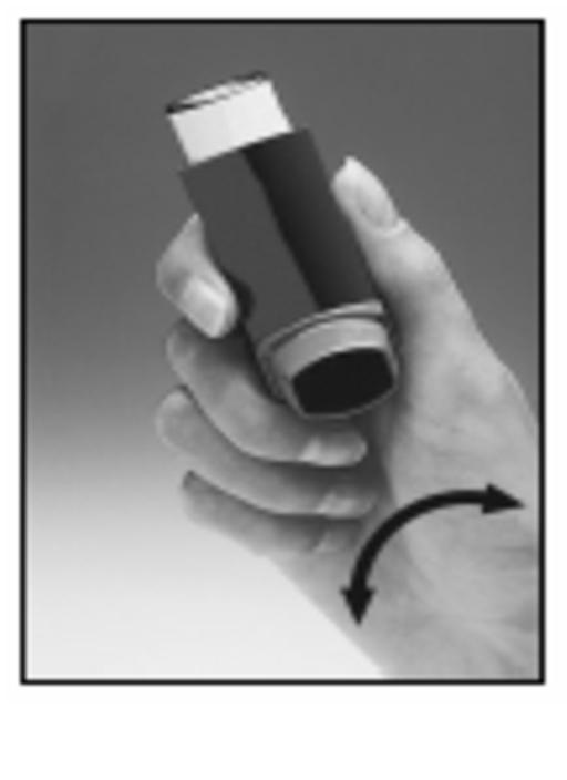 3. Skaka inhalatorn 4-5 gånger så att eventuella främmande (lösa) föremål avlägsnas och sprayinnehållet blandas väl.