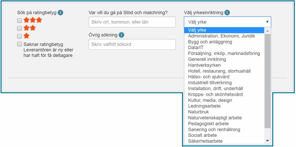 Sök inom ett geografiskt område 2 2 I fältet "Var vill du gå på Stöd och matchning?" kan du skriva till exempel ett gatunamn, en ort eller ett postnummer. När du börjar skriva visas förslag.