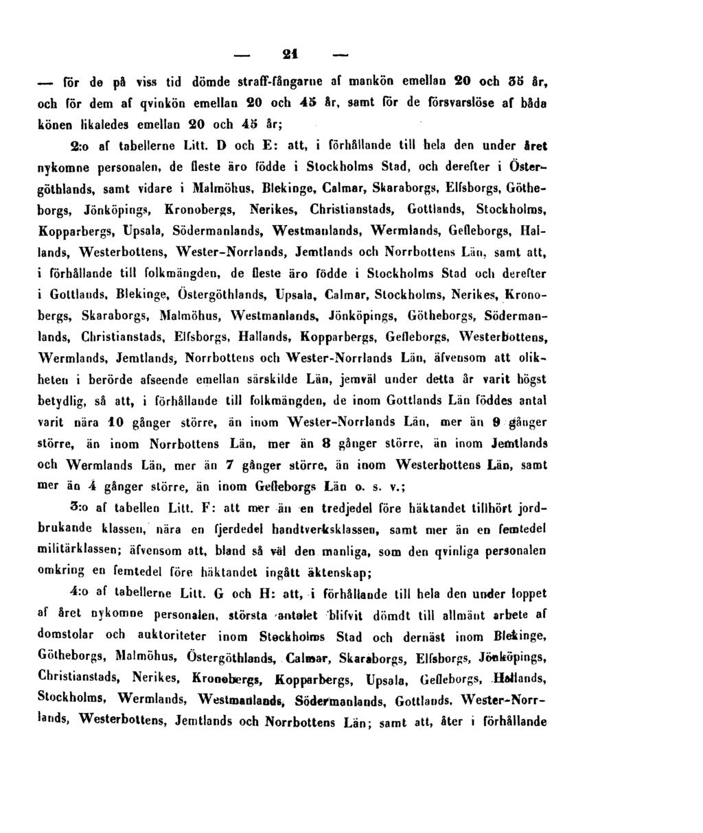 21 för de på viss tid dömde straff-fångarne af mankön emellan 20 och 38 år, och för dem af qvinkön emellan 20 och 45 år, samt för de försvarslöse af båda könen likaledes emellan 20 och 45 år; 2:o af