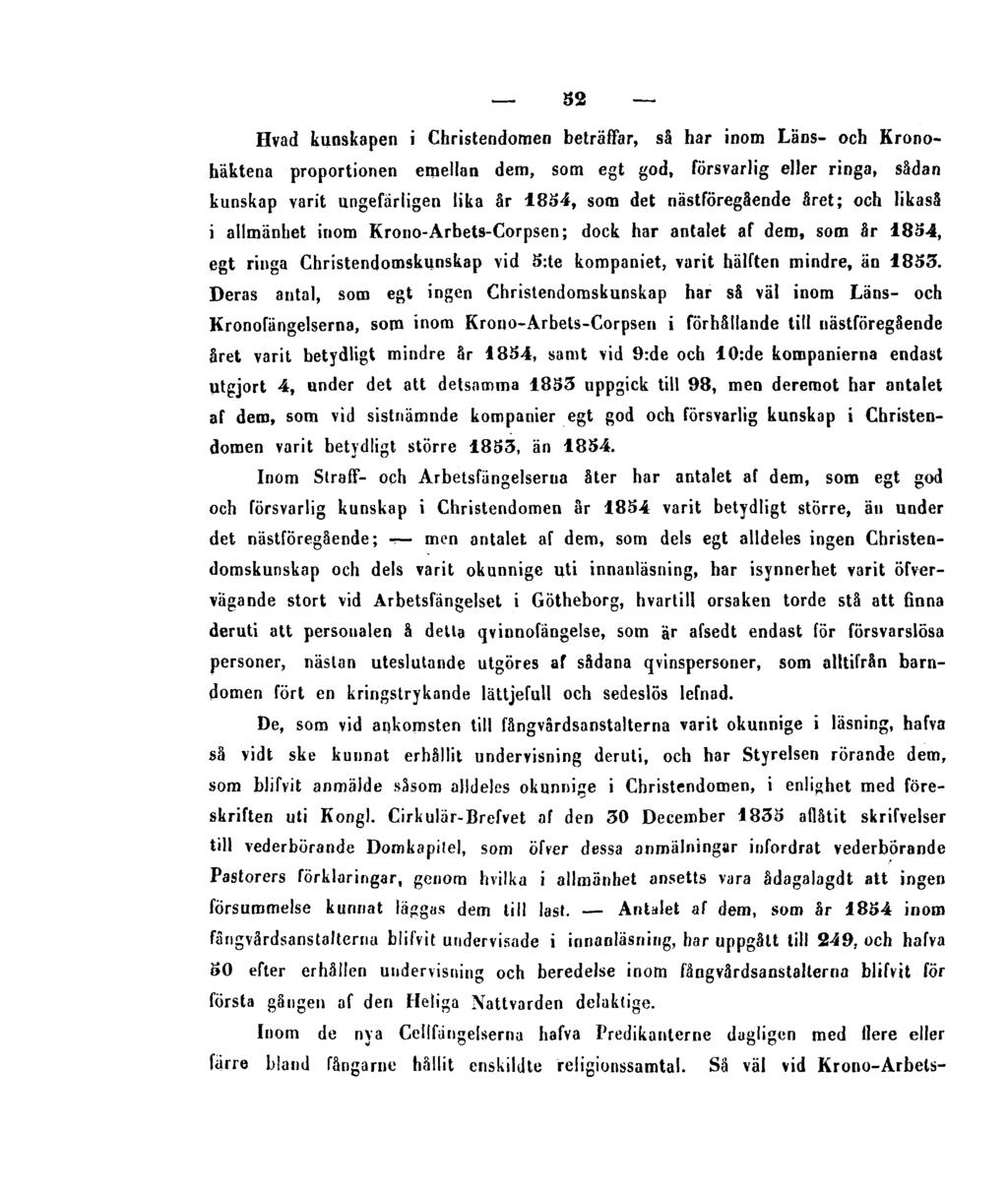52 Hvad kunskapen i Christendomen beträffar, så har inom Låns- och Kronohäktena proportionen emellan dem, som egt god, försvarlig eller ringa, sådan kunskap varit ungefärligen lika år 1854, som det