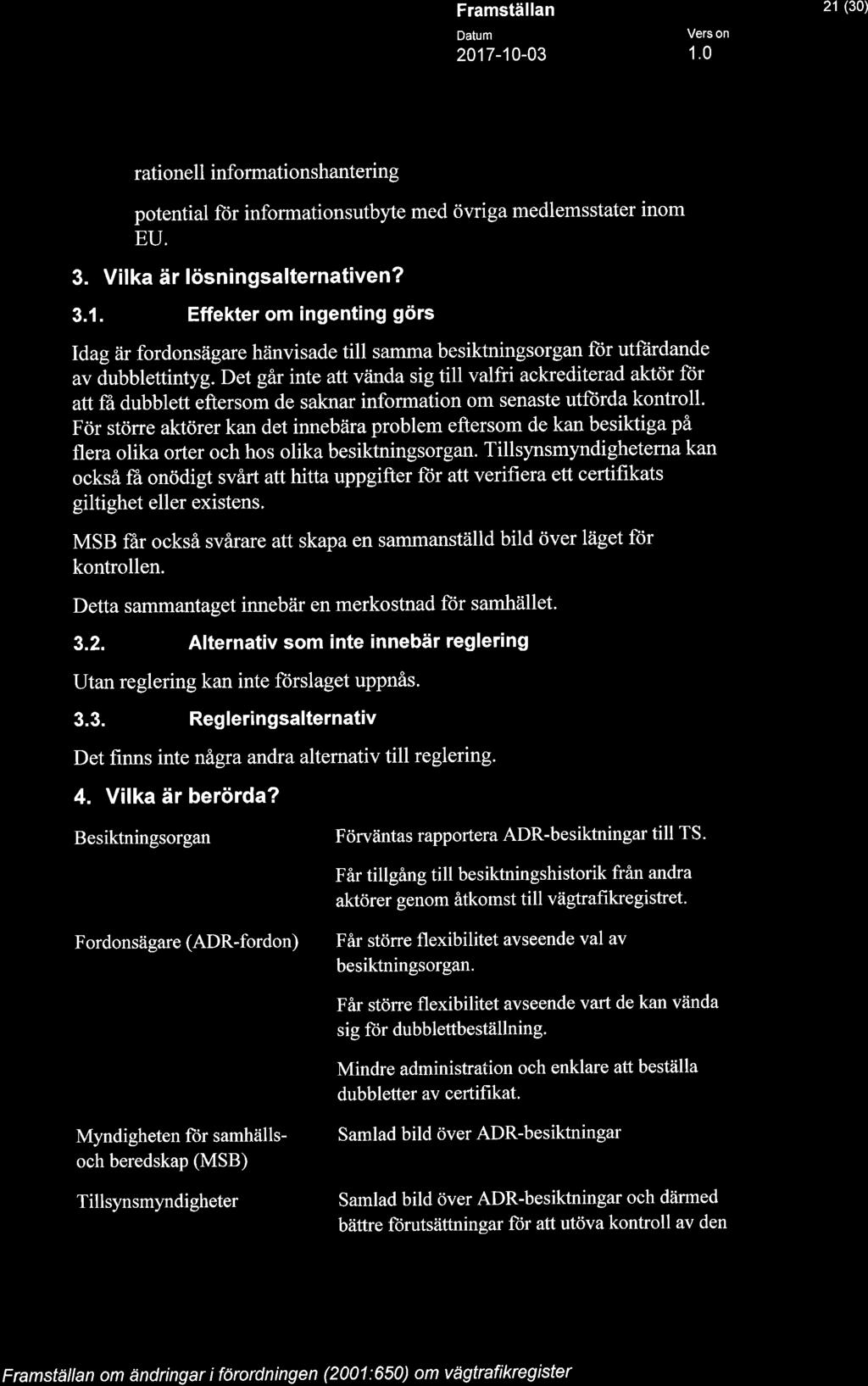 A STYRELSEN 21 (30) rationell informationshantering potential för informationsutbyte med övriga medlemsstater inom EU. 3. Vilka är lösningsalternativen? 3.1. Effekter om ingenting görs Idag är fordonsägare hänvisade till samma besiktningsorgan för utfärdande av dubblettintyg.