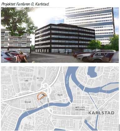 Illustration över ett färdigt hus 2 i Tingvalla, Karlstad (kv.fanfaren) samt därunder en karta som visar läget i Karlstad vid motorvägsavfarten. Centrum ligger snett ner till höger i bild.