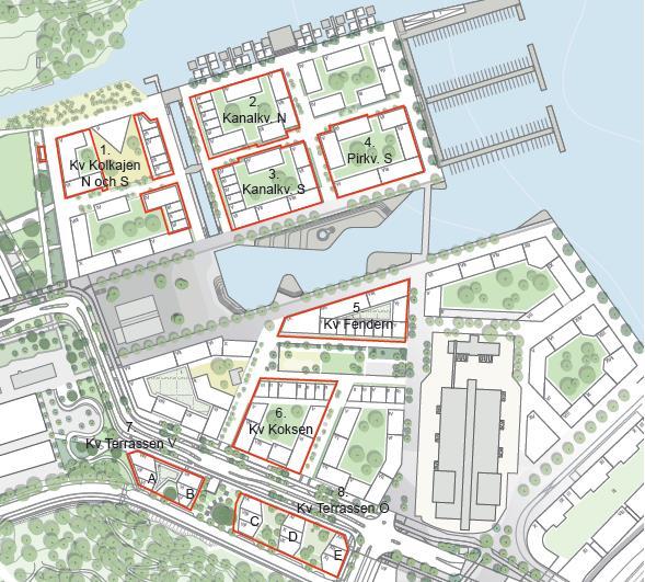 Figur 1. De 8 markanvisningsområdena. Tävlingens genomförande På www.stockholm.se/markanvisningstavlingar finns länkar till de handlingar som utgör underlag för tävlingen.
