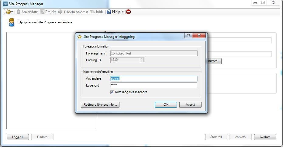 1. Site Progress Manager 1.1 Inloggning Inloggningsuppgifter krävs för att få åtkomst till Site Progress Manager. 1.2 Lägga till användare För att tilldela åtkomst måste först användare skapas i Site Progress Manager.