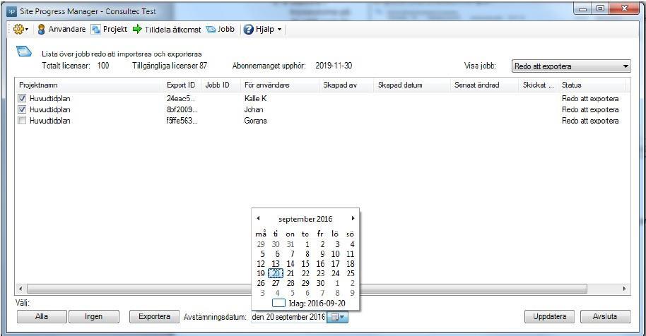 III. Välj det aktuella avstämningsdatumen då användaren ska stämma framdriften. IV. Välj därefter de jobb som du vill exportera till Site Progress.