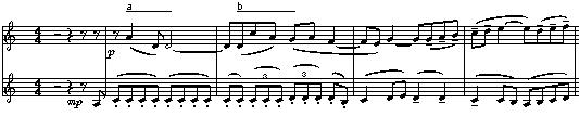 Även i B-episoden spelar den punkterade rytmen en stor roll. Andra B-episoden (B x ) går i g-moll. A x har genomföringskaraktär. C återkopplar till föregående satser.