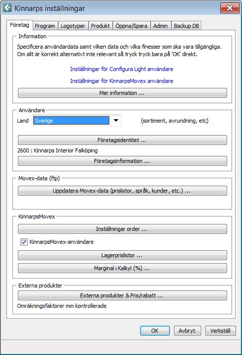 2. Fram kommer dialogen: Kinnarps Inställningar Flik: Företag Under rubriken Information finns två stycken länkar till instruktioner för installation av uppdatering av Configura och ny installation