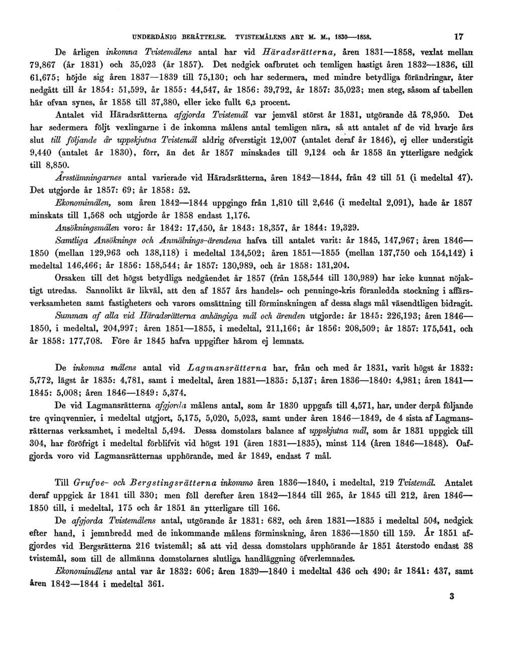 UNDERDÅNIG BERÄTTELSE. TVISTEMÅLENS ART M. M., 1830-1858. 17 De årligen inkomna Tvistemålens antal har vid Häradsrätterna, åren 1831 1858, vexlat mellan 79,867 (år 1831) och 35,023 (år 1857).