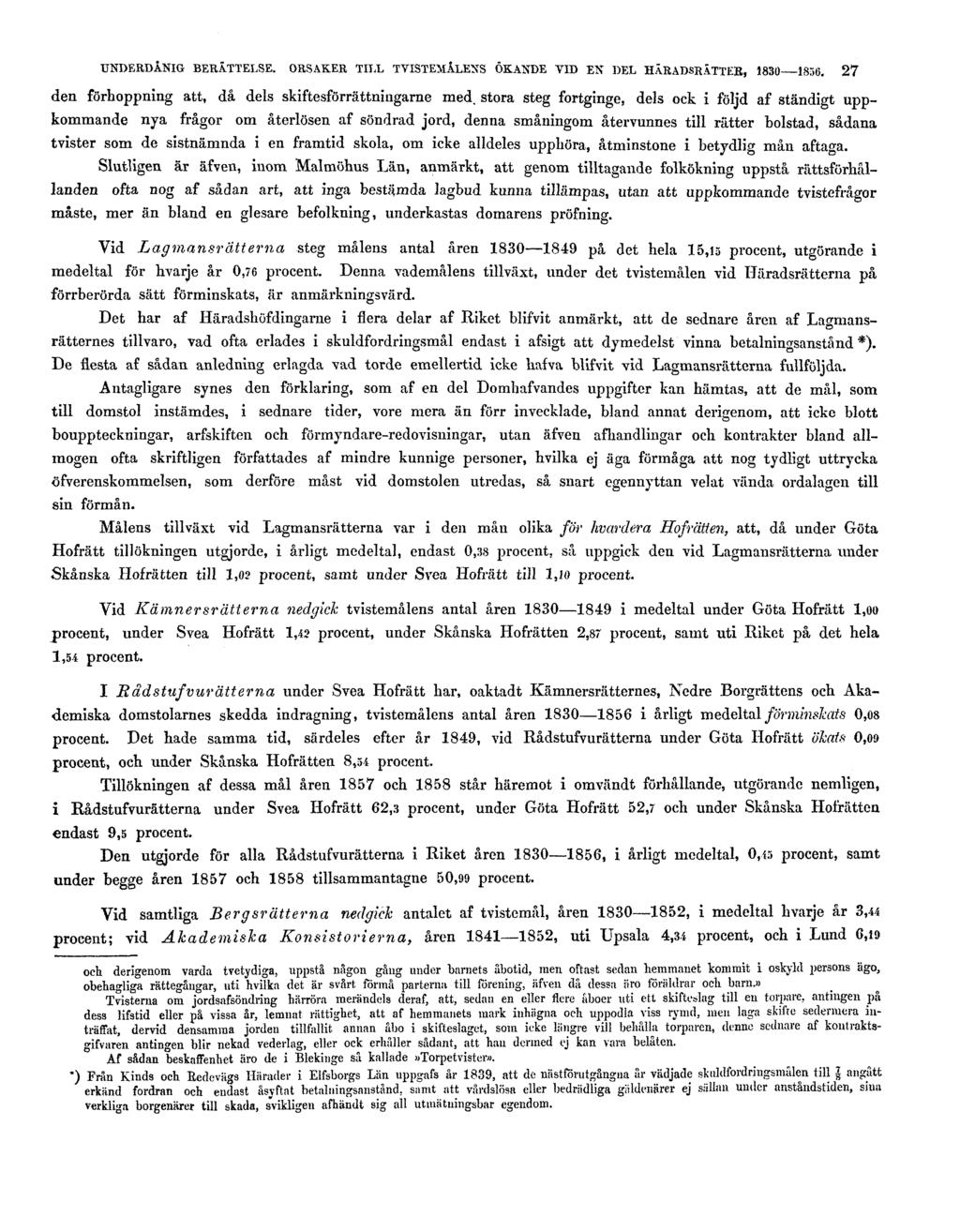 UNDERDÅNIG BERÄTTELSE. ORSAKER TILL TVISTEMÅLENS ÖKANDE VID EN DEL HÄRADSRÄTTER, 1830-1856. 27 den förhoppning att, då dels skiftesförrättningarne med.