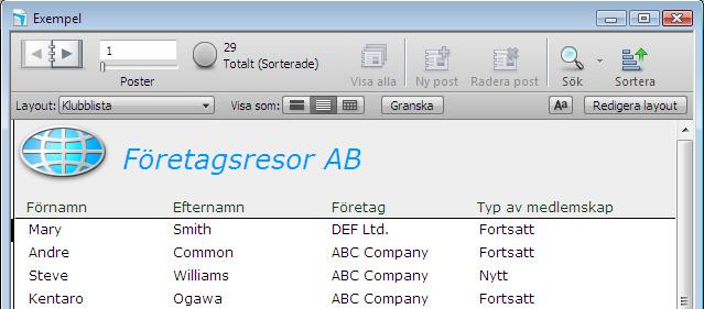 Övningsavsnitt 2 Arbeta med information 15 Utforska statusverktygsfältet och layoutlisten Via statusverktygsfältet högst upp i FileMaker Pro-fönstret kan du snabbt få tillgång till de menykommandon i