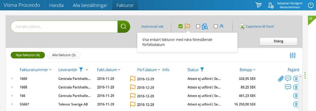 6 (10) I nedan exempel har jag klickat på avancerat sök (se pil) och då kan jag filtrera fram de fakturor som snart förfaller (orange