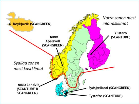 Vinterskador I Norden Figur 1. De två klimatzonerna och försöksplatserna som används i sortprovningsförsöken SCANGREEN & SCANTURF.
