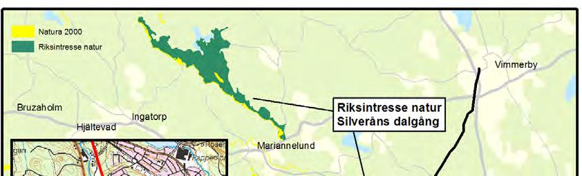 6.3 Natur- och vattenmiljö 6.3.1 Beskrivning På en sträcka om drygt 2 km passerar ledningen inom ett område som utpekats som riksintresse för naturvård, området heter Silveråns dalgång.