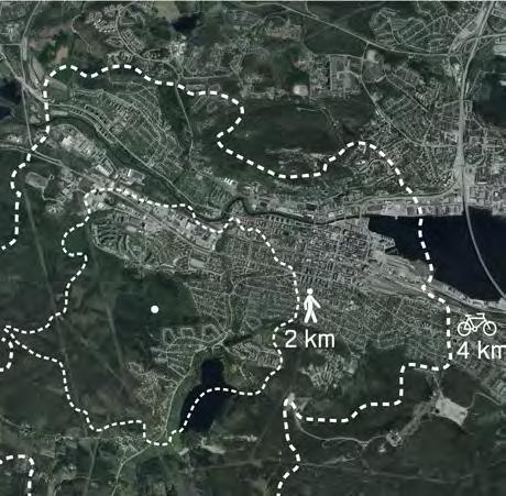 LÄGET I STADEN I KATRINEHILL NÅS STORA DELAR AV STA- DEN INOM ATTRAKTIVT CYKELAVSTÅND Kartan visar hur långt man når på ca 20 minuter via gatunätet med gång respektive cykel.