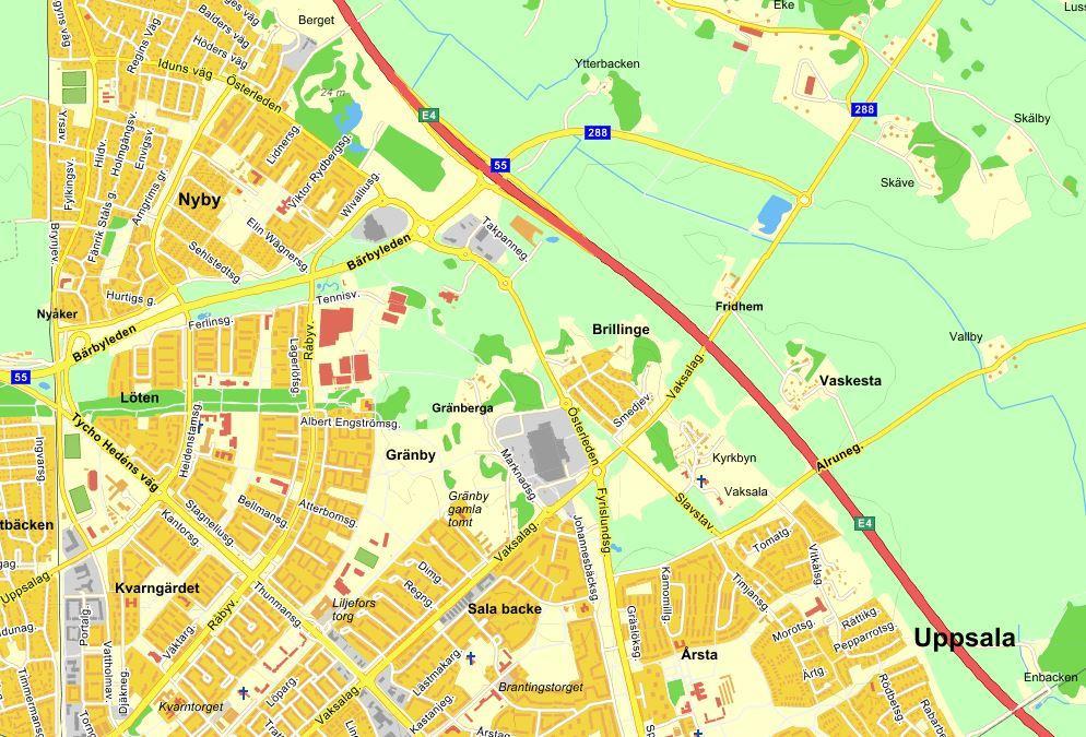ÅVC Brillinge 4 2 3 1 Figur 8. Alternativa lokaliseringar som har utretts. Numrering enligt Tabell 4, men Hovgården (nr 5) ligger utanför kartan (längs väg 288 mot nordost).