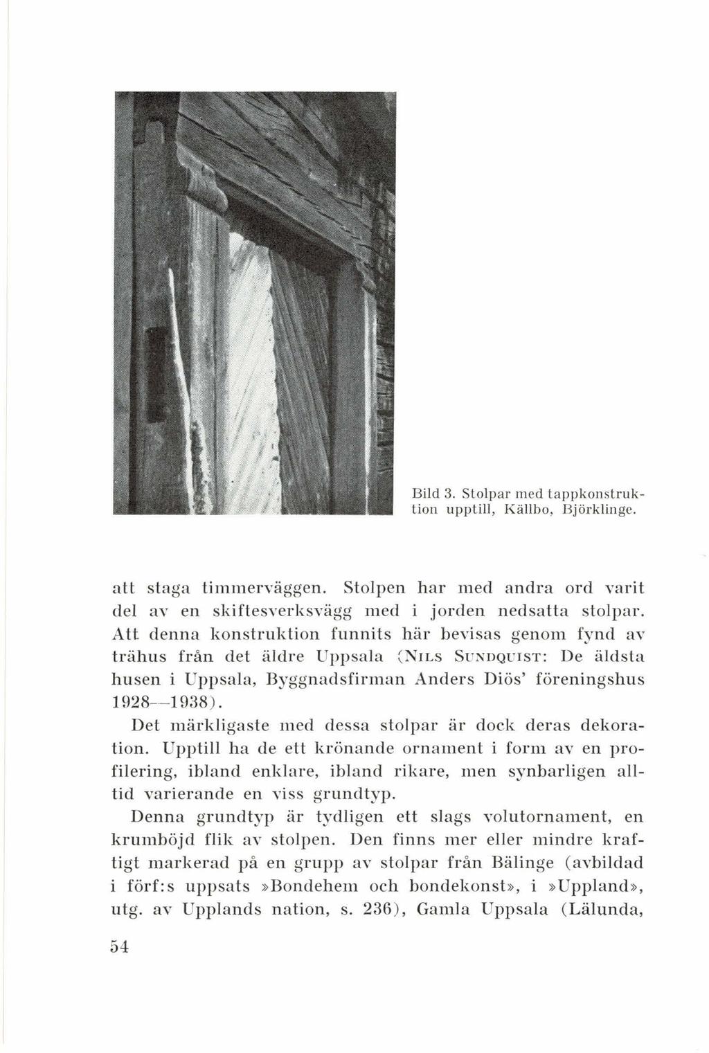 Bild 3. Stolpar med ta ppkonstruktion upptill, Källbo, Björklingc. att staga timmen-äggen. Stolpen har med andra ord yarit del ay en skiftesyerksyägg med i jorden nedsatta stolpar.