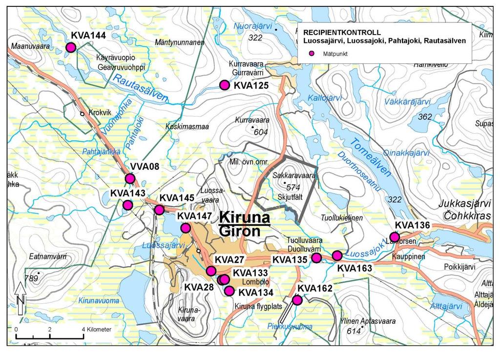 Figur 20. Provpunkter för vattenkvalitetsmätningar i Luossajärvi, Pahtajoki, Rautasälven och Luossajoki.