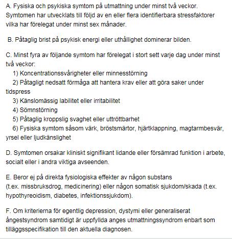 Diagnostiska kriterier för utmattningssyndrom F.