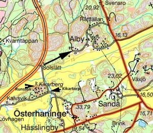 Promenaden gick mellan Solslätt och västra Alby längs den svarta pilen. Utgångspunkten Kikartorp och Hässlingbystenen är markerade.