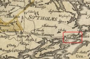 Karta från 1772 som visar var Sandemar ligger. Kungliga rådet och presidenten Gabriel Falkenberg lät på 1690-talet uppföra slottet.